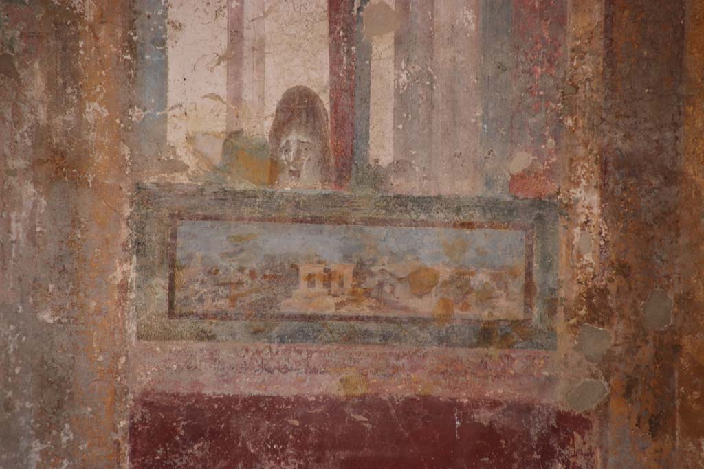 Stabiae, Villa Arianna, October 2020.
Room 3, painted panel from below mask painting on west end of south wall. Photo courtesy of Klaus Heese.
