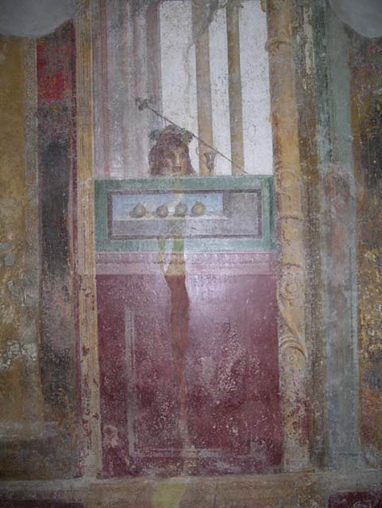 Stabiae, Villa Arianna, April 2005. Room 3, panel with painted mask. Photo courtesy of Michael Binns.
