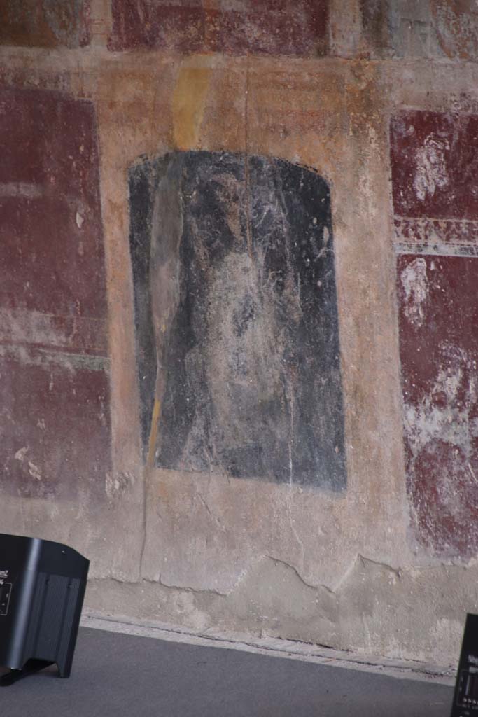 Stabiae, Villa Arianna, September 2021.
Room 3, detail of painted figure on zoccolo at south end of west wall. Photo courtesy of Klaus Heese.