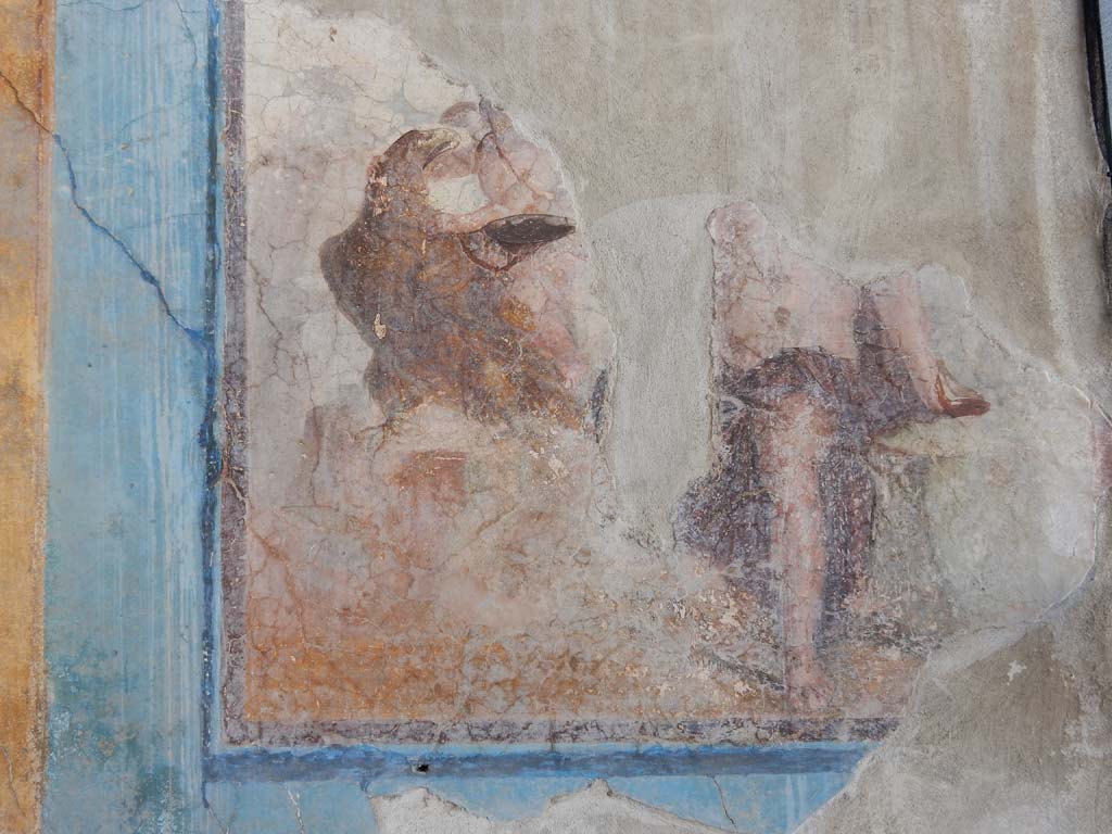 Stabiae, Villa Arianna, June 2019. Room 3, west wall, detail of painting of Zeus in the guise of an eagle abducting Ganymede.
Photo courtesy of Buzz Ferebee.