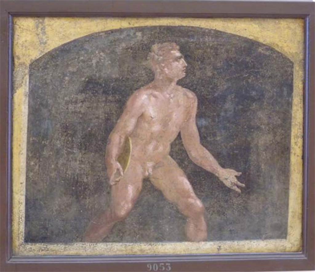 Stabiae, Villa Arianna, found 4th April 1760. Ante camera to room 3, zoccolo, painting of discus thrower.
Now in Naples Archaeological Museum. Inventory number 9053.
See Pagano, M. and Prisciandaro, R., 2006. Studio sulle provenienze degli oggetti rinvenuti negli scavi borbonici del regno di Napoli. Naples: Nicola Longobardi, p. 245.
See Sampaolo V. and Bragantini I., Eds, 2009. La Pittura Pompeiana. Electa: Verona, p. 450.