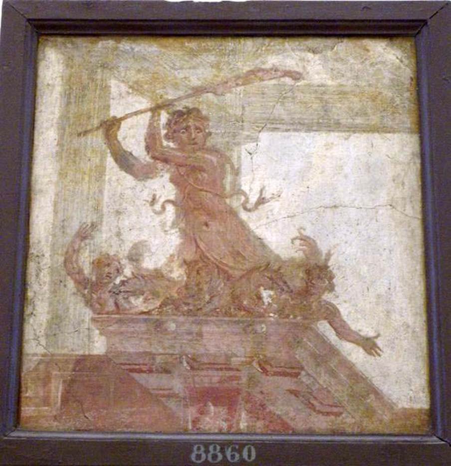 Stabiae, Villa Arianna, found 5th April 1760. Ante camera to room 3, painting of Scylla, brandishing an oar, in the act of striking two men at her feet.
Now in Naples Archaeological Museum. Inventory number 8860.
See Pagano, M. and Prisciandaro, R., 2006. Studio sulle provenienze degli oggetti rinvenuti negli scavi borbonici del regno di Napoli. Naples: Nicola Longobardi, p. 245.
See Sampaolo V. and Bragantini I., Eds, 2009. La Pittura Pompeiana. Electa: Verona, p. 452.