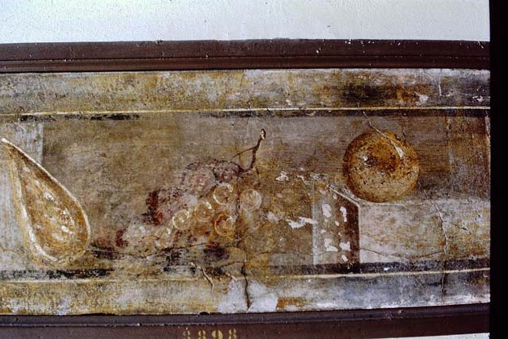 Stabiae, Villa Arianna, found 5th April 1760. Ante camera to room 3, painting of still life. 1968. Photo by Stanley A. Jashemski.
Source: The Wilhelmina and Stanley A. Jashemski archive in the University of Maryland Library, Special Collections (See collection page) and made available under the Creative Commons Attribution-Non Commercial License v.4. See Licence and use details.
J68f0797
Now in Naples Archaeological Museum. Inventory number 8688
(Note – in this photo, the number on the frame appears to be 8898 but the frame is on upside down).