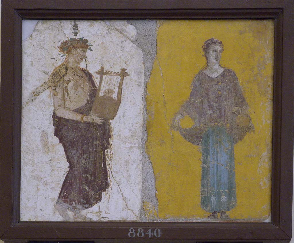 Stabiae, Villa Arianna, found 16th June 1759. Room W.28, two paintings of women.
According to Grasso, these came from the room numbered 28 on Weber’s plan.
On the right a woman lifts the hem of her cloak to display a peplum finely embroidered in gold with naked figures in different poses.
On the left a young woman holds a 5-string lyre.
She wears a crown of ivy, a long tunic that falls from the shoulder across to the hip and sandals laced up to the ankles.
The drapery of the garments is tastefully archaic.
Now in Naples Archaeological Museum. Inventory number 8840.
See Pagano, M. and Prisciandaro, R., 2006. Studio sulle provenienze degli oggetti rinvenuti negli scavi borbonici del regno di Napoli. Naples: Nicola Longobardi, p. 242.