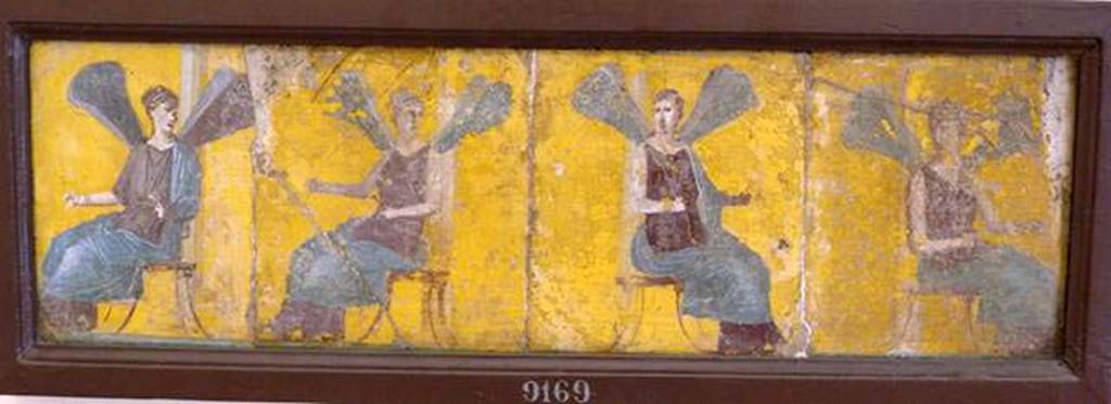 Stabiae, Villa Arianna, found 16th June 1759. Room W.28, four paintings of four seated psyche.
Now in Naples Archaeological Museum. Inventory number 9169.
See Pagano, M. and Prisciandaro, R., 2006. Studio sulle provenienze degli oggetti rinvenuti negli scavi borbonici del regno di Napoli. Naples: Nicola Longobardi, p. 242.