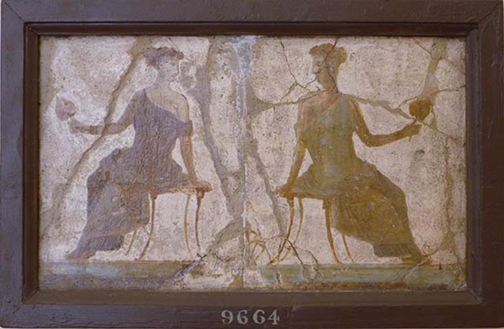 Stabiae, Villa Arianna, found 16th June 1759. Room W.28, paintings of seated women.
Now in Naples Archaeological Museum. Inventory number 9664.
According to Prisciandaro and Pagano, a picture that fell to the ground showed a woman seated on a pedestal with a bastone (stick) in the right hand.
They also include the note “Si è consegnata al R. Museo con le altre simili fig. di donne, ma non si sa se lo scultore le taglierà”.
See Pagano, M. and Prisciandaro, R., 2006. Studio sulle provenienze degli oggetti rinvenuti negli scavi borbonici del regno di Napoli. Naples: Nicola Longobardi, p. 242.