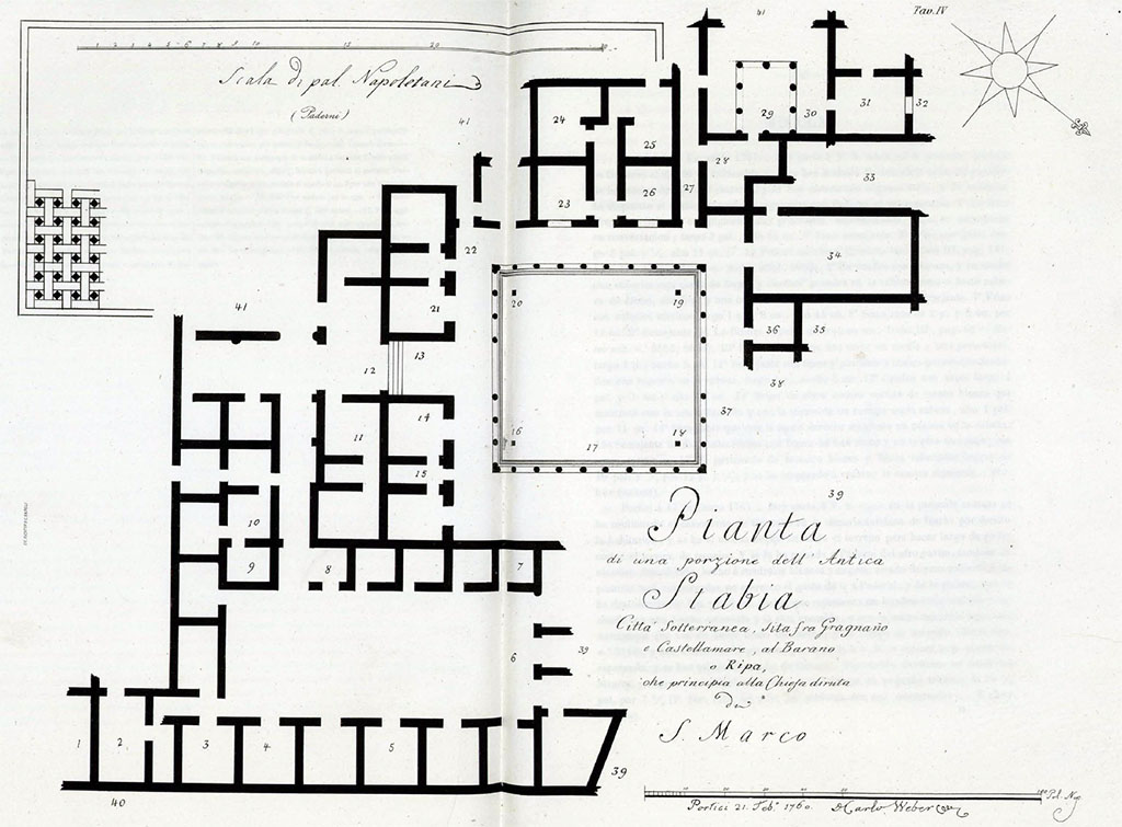 Stabiae, Villa Arianna, 1760 plan by Karl Weber.
See Ruggiero M., 1881. Degli scavi di Stabia dal 1749 al 1782, Naples, (Tav. IV).