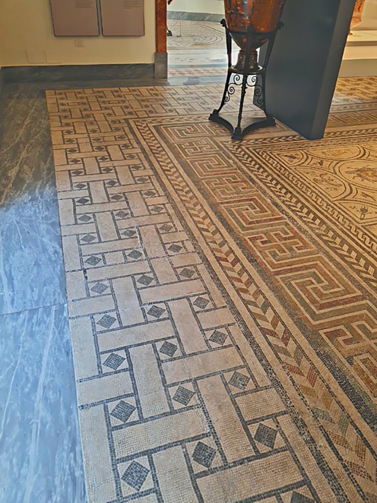 Mosaic (around the edge of the floor), from Villa Arianna, Stabia, room 27. June 2024.
Now on display in Room CXXXVI (136) of the first floor of Naples Archaeological Museum. Photo courtesy of Giuseppe Ciaramella.
According to Naples Museum, this is described as a section of “mat” floor pertaining to Villa Arianna.
According to Gardelli and Ariano –
“Most of the mosaic floors from Pompeii, Herculaneum and Stabiae, after being detached and cut into large or smaller fragments, were arbitrarily recomposed first in the Museo Ercolanese and then in Real Museo without any consideration for their original context or pattern but purely for decorative purposes.”
See Gardelli, P., and Ariano, C. Two lesser-known mosaic floors from the 18th Century excavations of Villa Arianna at Stabia. (p.137).