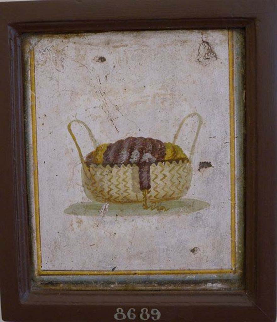 Stabiae, Villa Arianna, found 22nd July 1758. Room W.15. Painting of a basket with high handles containing a spindle and wool.
Now in Naples Archaeological Museum. Inventory number 8689.
See Pagano, M. and Prisciandaro, R., 2006. Studio sulle provenienze degli oggetti rinvenuti negli scavi borbonici del regno di Napoli. Naples: Nicola Longobardi, p. 242.
See Sampaolo V. and Bragantini I., Eds, 2009. La Pittura Pompeiana. Electa: Verona, p. 491.