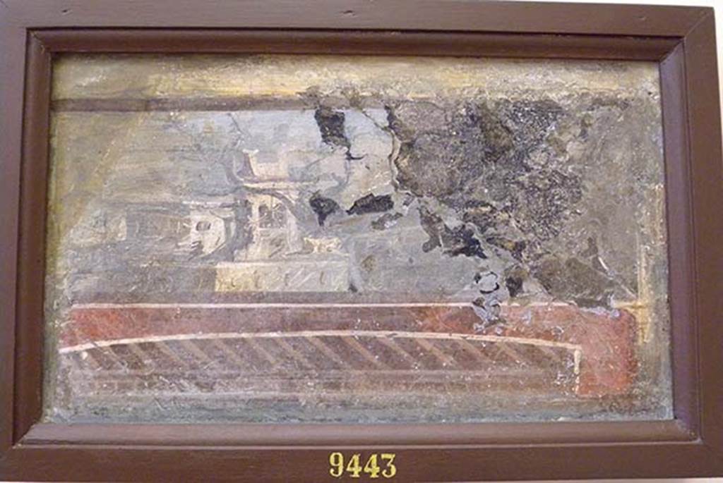 Stabiae, Villa Arianna, found 11th August 1759. Room W.23. Landscape.
Now in Naples Archaeological Museum. Inventory number 9443.
See Pagano, M. and Prisciandaro, R., 2006. Studio sulle provenienze degli oggetti rinvenuti negli scavi borbonici del regno di Napoli. Naples: Nicola Longobardi, p. 244.