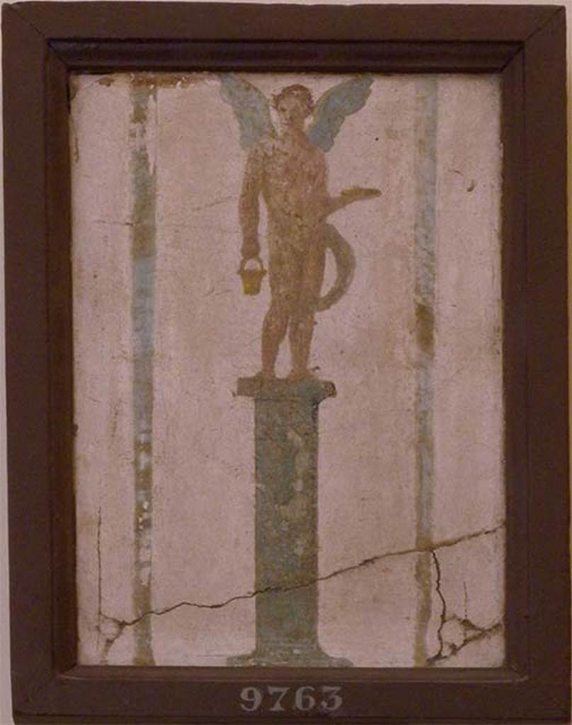 Stabiae, Villa Arianna, found 16th July 1759. Room W.24.
Wall painting of nude Eros standing on a pillar holding a patera (dish) and cestino (basket).
Now in Naples Archaeological Museum. Inventory number 9763.
See Sampaolo V. and Bragantini I., Eds, 2009. La Pittura Pompeiana. Electa: Verona, p. 486.
See Pagano, M. and Prisciandaro, R., 2006. Studio sulle provenienze degli oggetti rinvenuti negli scavi borbonici del regno di Napoli. Naples: Nicola Longobardi, p. 243.