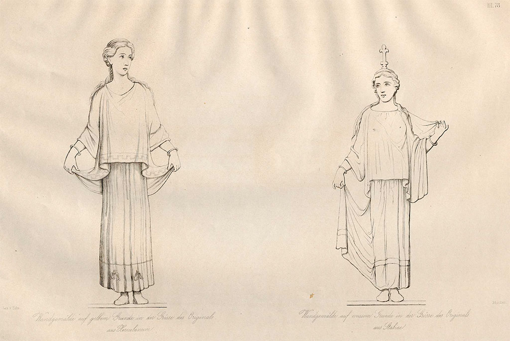 Stabiae, Villa Arianna, Room W.24.
The figure on the right, according to Zahn drawn in the Naples Museum, was from Villa Arianna, room W.24 on a white background, found 16th July 1759.
Now in Naples Archaeological Museum, inventory number 8910.
The woman on the left is a drawing by Zahn of a woman from Room W.28, although he lists it as from Herculaneum.
See Zahn, W., 1828-29. Die schönsten Ornamente und merkwürdigsten Gemälde aus Pompeji, Herkulanum und Stabiae: I. Berlin: Reimer, taf. LXXVIII (no.78).