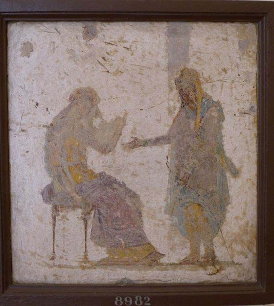 Stabiae, Villa Arianna, found 16th July 1759. Room W.24.
Wall painting of Paris and Helen.
Now in Naples Archaeological Museum. Inventory number 8982.
See Sampaolo V. and Bragantini I., Eds, 2009. La Pittura Pompeiana. Electa: Verona, p. 483.
See Pagano, M. and Prisciandaro, R., 2006. Studio sulle provenienze degli oggetti rinvenuti negli scavi borbonici del regno di Napoli. Naples: Nicola Longobardi, p. 243.