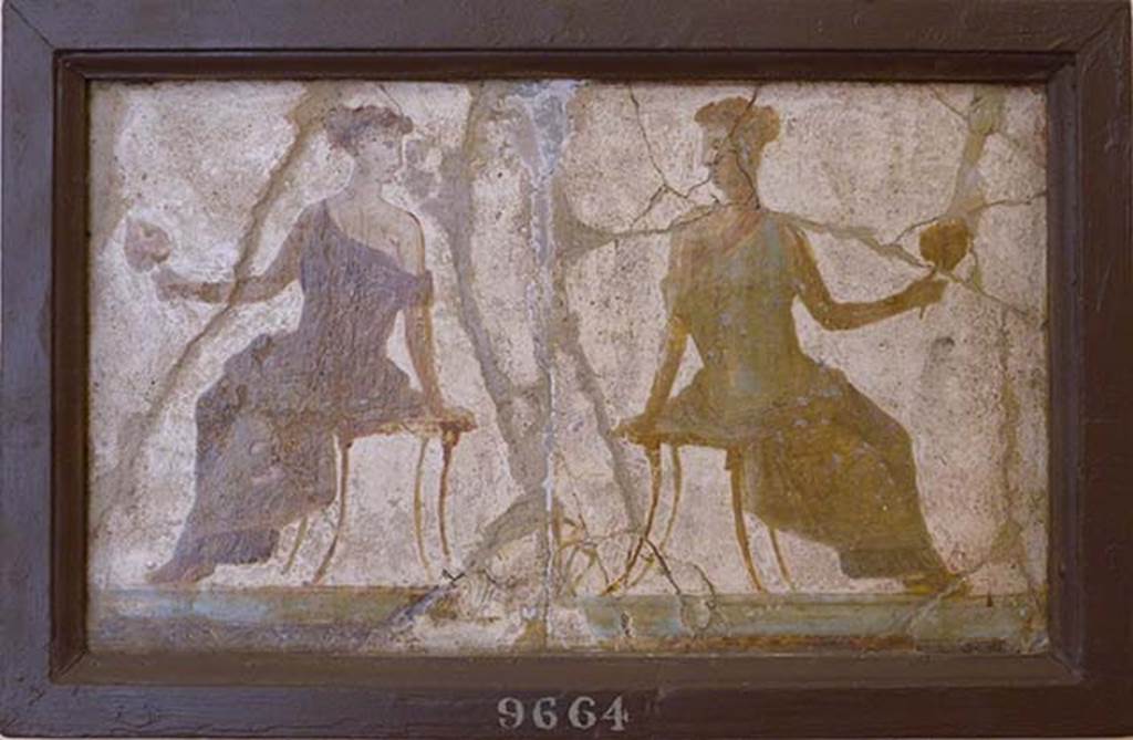 Stabiae, Villa Arianna, found 16th June and 16th July 1759. Room W.24.
Two frescoes of seated women from the lower part of the same wall as Paris and Helen (8982).
Now in Naples Archaeological Museum. Inventory number 9664.
See Sampaolo V. and Bragantini I., Eds, 2009. La Pittura Pompeiana. Electa: Verona, p. 483.
See Pagano, M. and Prisciandaro, R., 2006. Studio sulle provenienze degli oggetti rinvenuti negli scavi borbonici del regno di Napoli. Naples: Nicola Longobardi, p. 242 and p. 243.