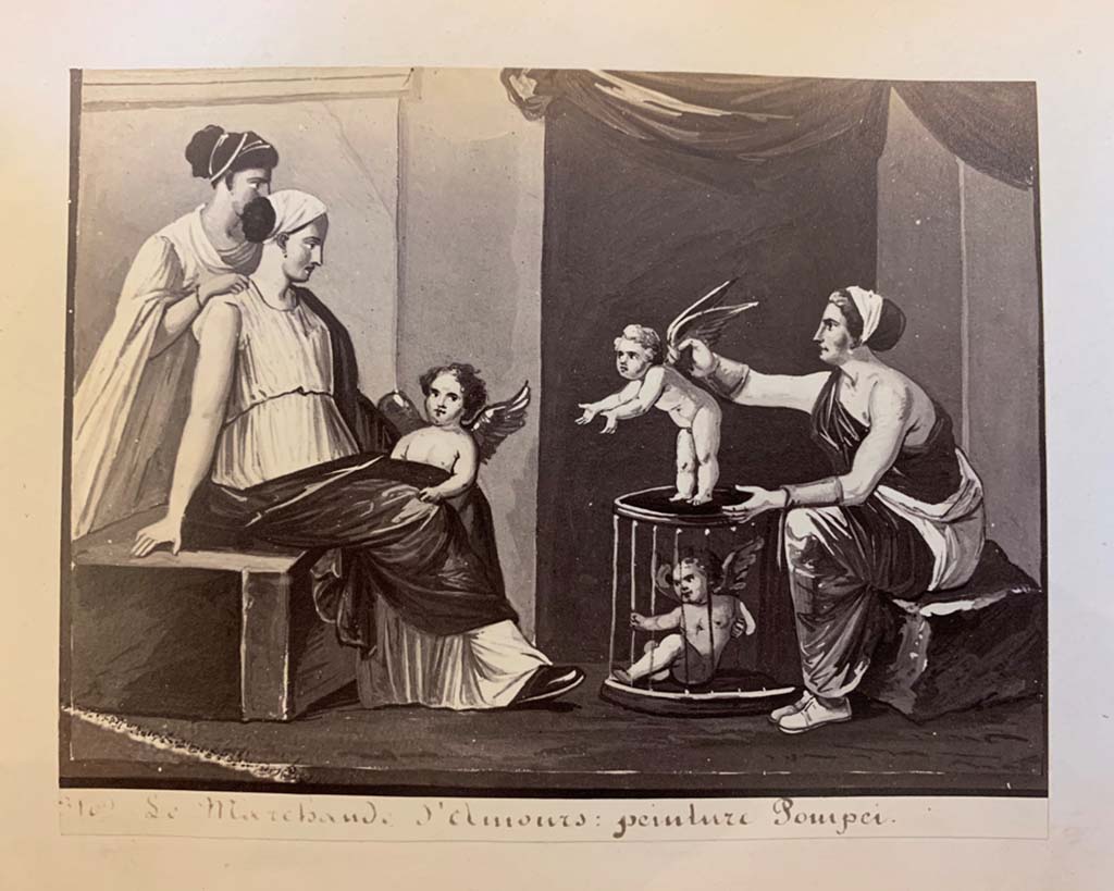 Stabiae, Villa Arianna. From an album of Michele Amodio dated 1874, entitled “Pompei, destroyed on 23 November 79, discovered in 1745”.
Fresco of the “Cupid Seller”. Now in Naples Archaeological Museum: inventory number 9180.
Photo courtesy of Rick Bauer.