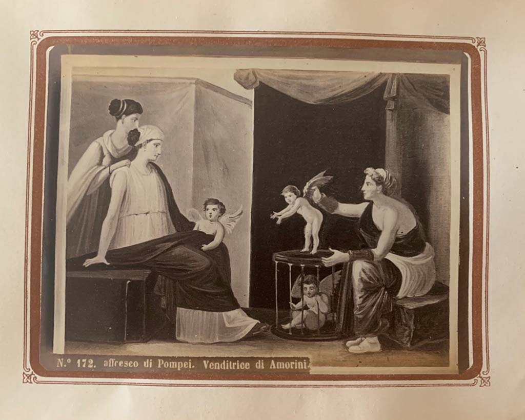 Stabiae, Villa Arianna, From an album by Roberto Rive, dated 1868. Fresco of the “Cupid Seller”.
Now in Naples Archaeological Museum: inventory number 9180. Photo courtesy of Rick Bauer.