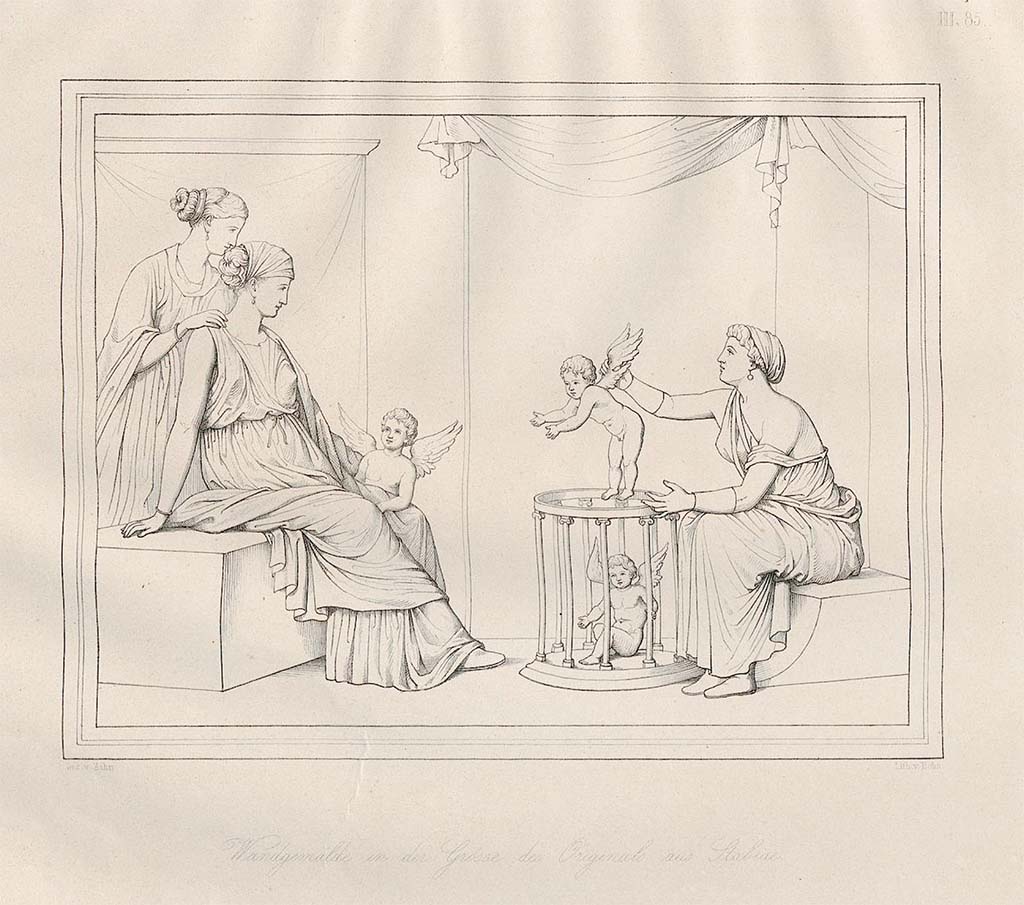 Stabiae, Villa Arianna. Room W.25. June 1759. Drawing of the “Cupid Seller” by Zahn made in Royal Museum at Naples, pre-December 1858.
See Zahn, W., 1852-59. Die schönsten Ornamente und merkwürdigsten Gemälde aus Pompeji, Herkulanum und Stabiae: III. Berlin: Reimer, taf. LXXXV, (85).