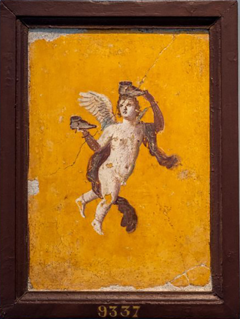 Stabiae, Villa Arianna, found 20th or 30th June 1759. Room W.25 or W.28. Painting of cupid carrying shoes.
Now in Naples Archaeological Museum. Inventory number 9337.
See Pagano, M. and Prisciandaro, R., 2006. Studio sulle provenienze degli oggetti rinvenuti negli scavi borbonici del regno di Napoli. Naples: Nicola Longobardi, p. 242.
See Sampaolo V. and Bragantini I., Eds, 2009. La Pittura Pompeiana. Electa: Verona, p. 494.