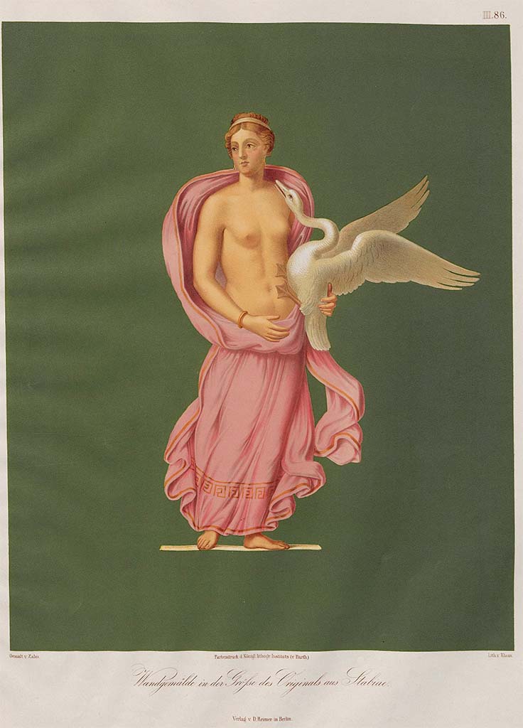 Stabiae, Villa Arianna, found 25th July 1759. Room W.26, wall painting of Leda and the swan.
Now in Naples Archaeological Museum. Inventory number 9546.
Painting by Zahn, pre-December 1858, described as pendant to Flora.
See Zahn, W., 1852-59. Die schönsten Ornamente und merkwürdigsten Gemälde aus Pompeji, Herkulanum und Stabiae: III. Berlin: Reimer, taf. 86.