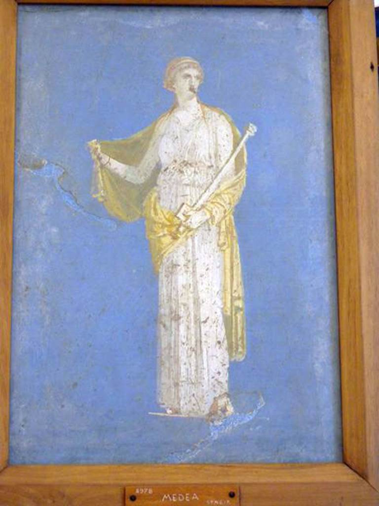 Stabiae, Villa Arianna, found 26th July 1759. Room W.26.
Wall painting of Medea holding a sceptre and a book.
Now in Naples Archaeological Museum. Inventory number 8978.