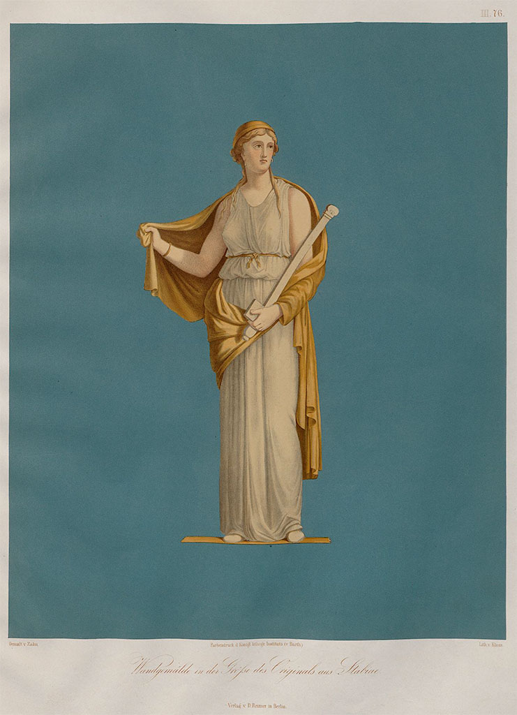 Stabiae, Villa Arianna, found 26th July 1759.
Room W.26, wall painting of Medea holding a sceptre and a book.
Now in Naples Archaeological Museum. Inventory number 8978.
Painting by Zahn, pre-November 1856 –
described as pendant to Penelope (?Diana), also on blue background and seen in Pl.III.46.
See Zahn, W., 1852-59. Die schönsten Ornamente und merkwürdigsten Gemälde aus Pompeji, Herkulanum und Stabiae: III. Berlin: Reimer, taf. 76.