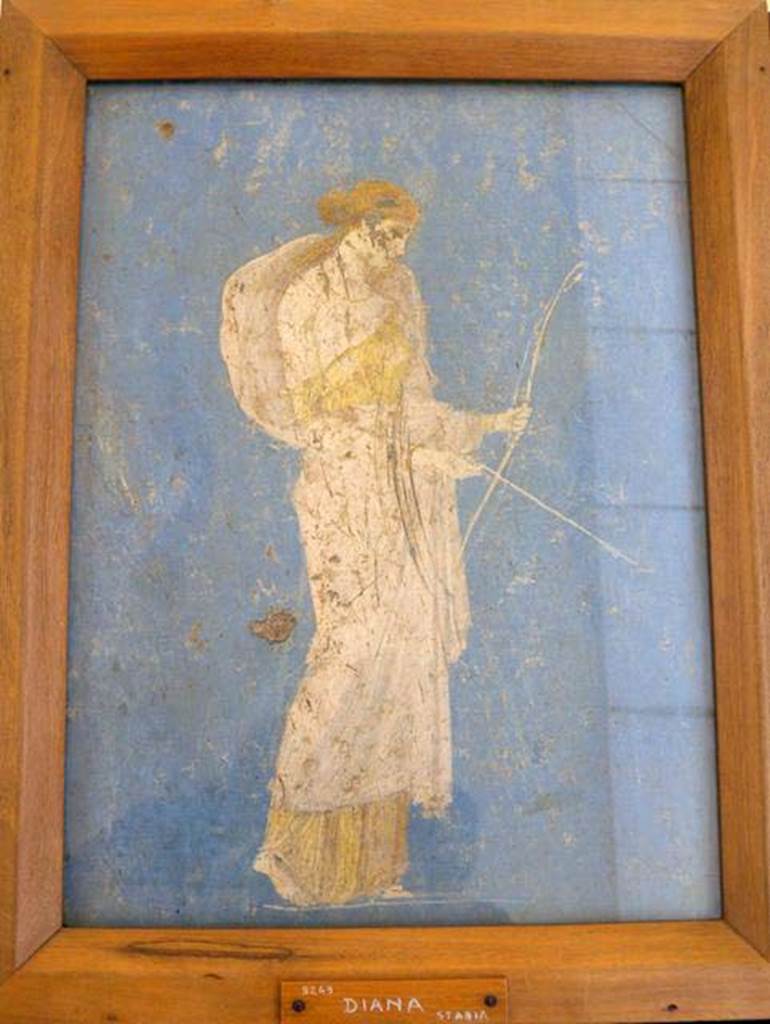 Stabiae, Villa Arianna, found 8th August 1759. Room W.26.
Wall painting of Diana with a bow and arrow.
Now in Naples Archaeological Museum. Inventory number 9243.