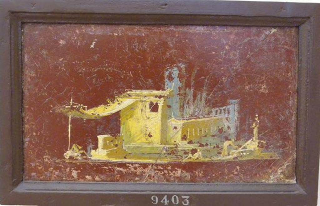 Stabiae, Villa Arianna, found 25th July 1759. Room W.26?
Wall painting of landscape with building, tent canopy, three men and an idol.
Now in Naples Archaeological Museum. Inventory number 9403.
See Pagano, M. and Prisciandaro, R., 2006. Studio sulle provenienze degli oggetti rinvenuti negli scavi borbonici del regno di Napoli. Naples: Nicola Longobardi, p. 243.