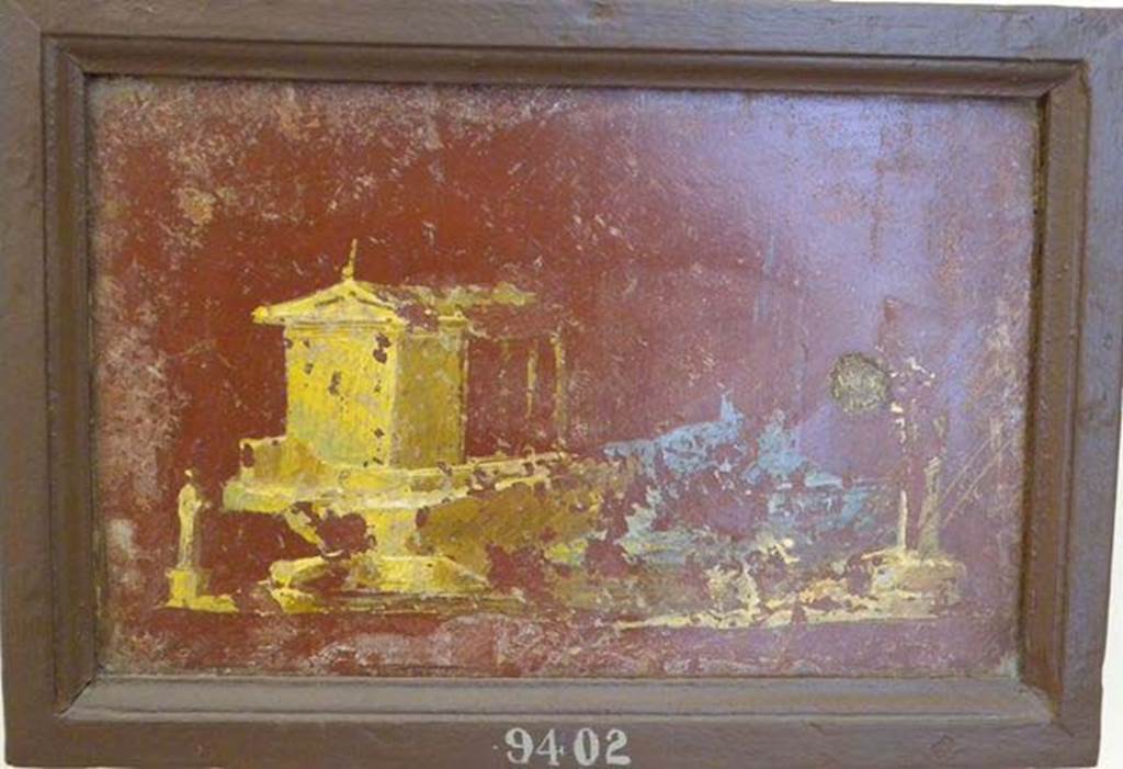 Stabiae, Villa Arianna, found 6th August 1759. Room W.26?
Wall painting of landscape with temple with pitched roof and columns at the front.
To the left is a statue on a base and to the right are two figures in front of a pillar with a vase on top.
Now in Naples Archaeological Museum. Inventory number 9402.
See Pagano, M. and Prisciandaro, R., 2006. Studio sulle provenienze degli oggetti rinvenuti negli scavi borbonici del regno di Napoli. Naples: Nicola Longobardi, p. 243.
See Sampaolo V. and Bragantini I., Eds, 2009. La Pittura Pompeiana. Electa: Verona, p. 438-9.