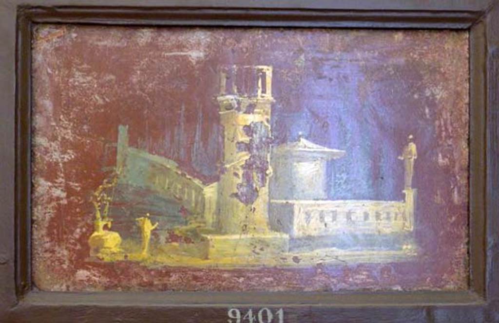 Stabiae, Villa Arianna, found 25th July 1759. Room W.26?
Wall painting of landscape with building, tower, man and an idol.
Now in Naples Archaeological Museum. Inventory number 9401.
See Pagano, M. and Prisciandaro, R., 2006. Studio sulle provenienze degli oggetti rinvenuti negli scavi borbonici del regno di Napoli. Naples: Nicola Longobardi, p. 243.