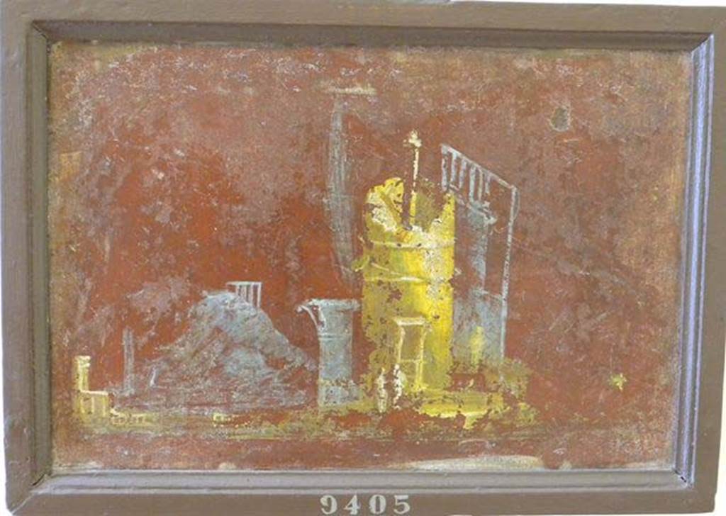 Stabiae, Villa Arianna, found 26th July 1759. Room W.26?
Wall painting of landscape, column and tower with two men by its door.
Now in Naples Archaeological Museum. Inventory number 9405. See Sampaolo V. and Bragantini I., Eds, 2009. La Pittura Pompeiana. Electa: Verona, p. 454-5.