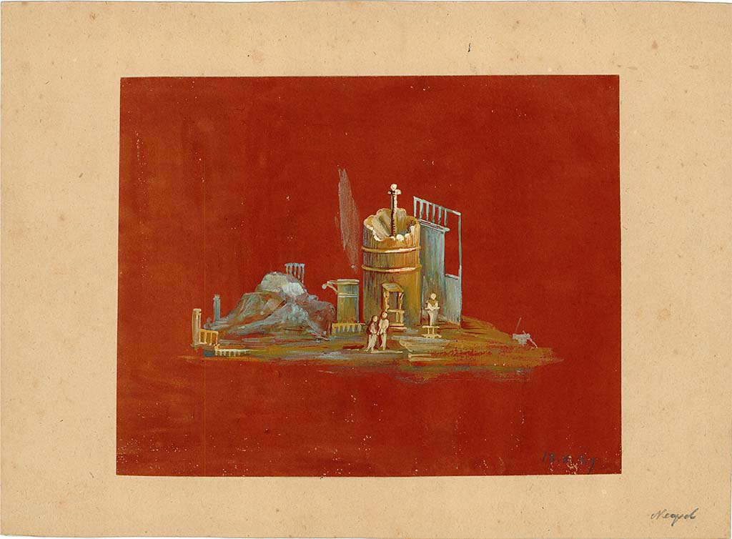 Stabiae, Villa Arianna, found 26th July 1759. Room W.26?
1889 watercolour copy of wall painting of landscape, column and tower with two men by its door.
DAIR Pompeji Wandmalerei 34. Arachne ID: 3564102. Photo © Deutsches Archäologisches Institut, Abteilung Rom, Arkiv.
Original wall painting now in Naples Archaeological Museum. Inventory number 9405.