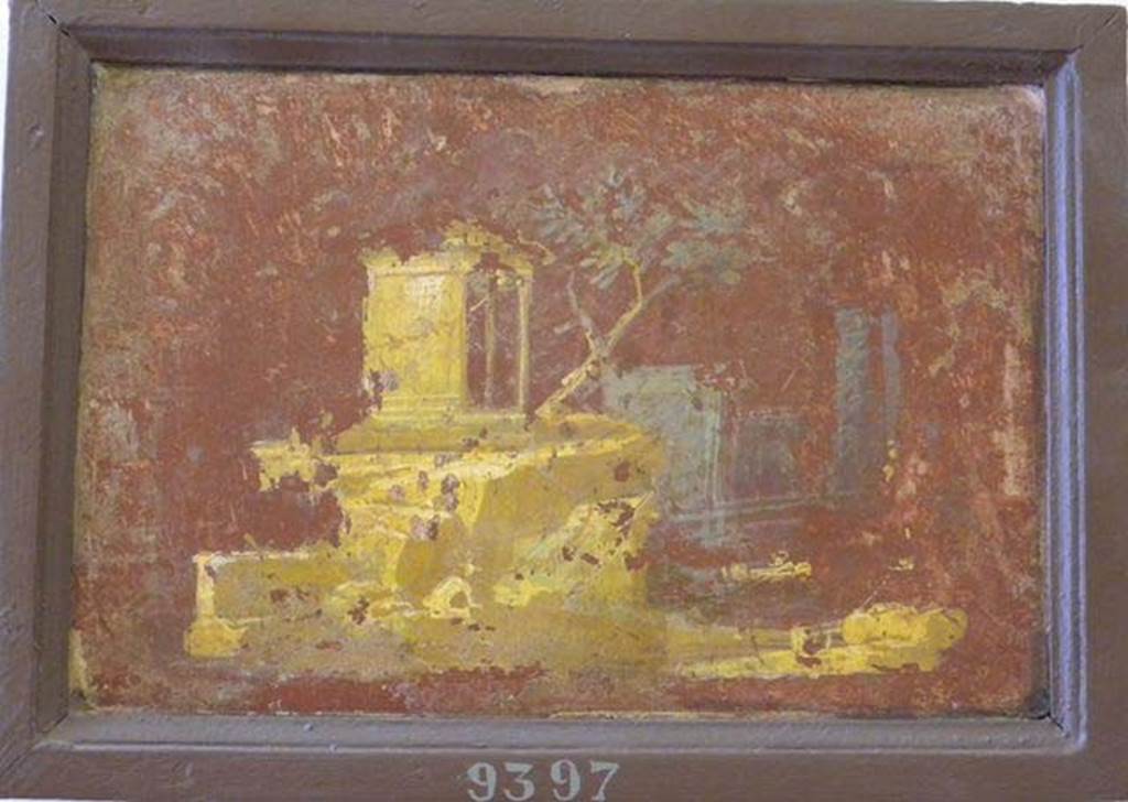 Stabiae, Villa Arianna, found 26th July 1759. Room W.26?
Wall painting of landscape, temple with columns at the front, tree at base of temple and a boat sails in front of the temple.
Now in Naples Archaeological Museum. Inventory number 9397.
See Sampaolo V. and Bragantini I., Eds, 2009. La Pittura Pompeiana. Electa: Verona, p. 454-5.