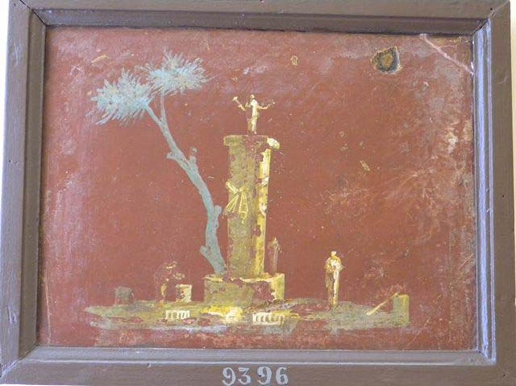 Stabiae, Villa Arianna, found 26th July 1759. Room W.26?
Wall painting of landscape with a tower with a statue of Hecate on top.
Below are a tree and people carrying out rites in her honour.
Now in Naples Archaeological Museum. Inventory number 9396.
See Sampaolo V. and Bragantini I., Eds, 2009. La Pittura Pompeiana. Electa: Verona, p. 454-5.