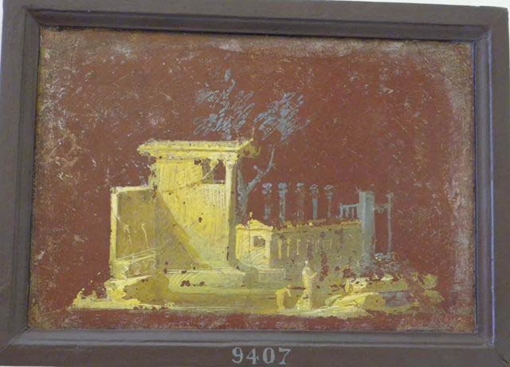 Stabiae, Villa Arianna, found 6th August 1759. Room W.26?
Wall painting of landscape with temple shaded by a tree, a monumental fountain, a columned structure and two female figures.
Now in Naples Archaeological Museum. Inventory number 9407.
See Sampaolo V. and Bragantini I., Eds, 2009. La Pittura Pompeiana. Electa: Verona, p. 454-5.
See Pagano, M. and Prisciandaro, R., 2006. Studio sulle provenienze degli oggetti rinvenuti negli scavi borbonici del regno di Napoli. Naples: Nicola Longobardi, p. 243.