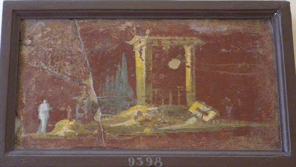 Stabiae, Villa Arianna, found 6th August 1759. Room W.26?
Wall painting of landscape with a tall shrine with double sloping roof. On the left is a cloaked figure.
Now in Naples Archaeological Museum. Inventory number 9398.
See Sampaolo V. and Bragantini I., Eds, 2009. La Pittura Pompeiana. Electa: Verona, p. 454-5.
See Pagano, M. and Prisciandaro, R., 2006. Studio sulle provenienze degli oggetti rinvenuti negli scavi borbonici del regno di Napoli. Naples: Nicola Longobardi, p. 243.