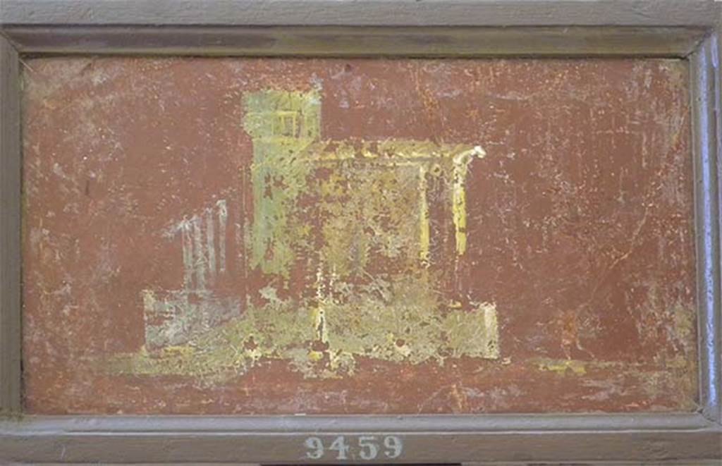Stabiae, Villa Arianna, found 6th August 1759. Room W.26? Architectural landscape.
Now in Naples Archaeological Museum. Inventory number 9459.
According to Grasso, this wall painting is an architectural landscape.
It shows the side view of a small temple, to which a figure is running, a tower with a platform and to the left a colonnaded portico in perspective.
See Sampaolo V. and Bragantini I., Eds, 2009. La Pittura Pompeiana. Electa: Verona, p. 454-5.
According to Prisciandaro, there are two figures, one upright and one crouched.
See Pagano, M. and Prisciandaro, R., 2006. Studio sulle provenienze degli oggetti rinvenuti negli scavi borbonici del regno di Napoli. Naples: Nicola Longobardi, p. 243.