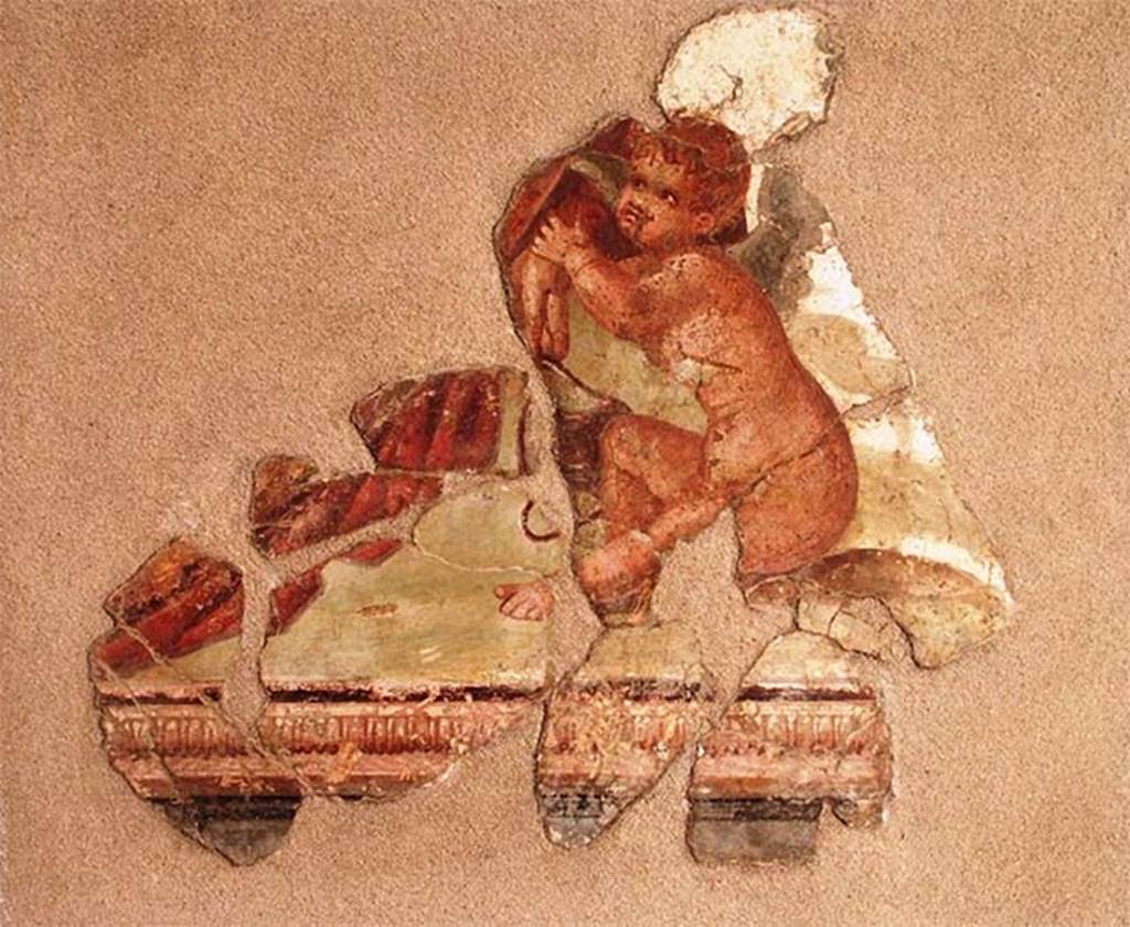 Stabiae, Villa Arianna, March 2004. Painting of cupid and Dionysus. Now in Stabia Antiquarium. Inventory number 62477.
Photo courtesy of Mentnafunangann - Own work. Licensed under CC BY-SA 3.0 via Wikimedia Commons.
See https://commons.wikimedia.org/wiki/File:Eros_e_Dioniso_1.jpg#/media/File:Eros_e_Dioniso_1.jpg