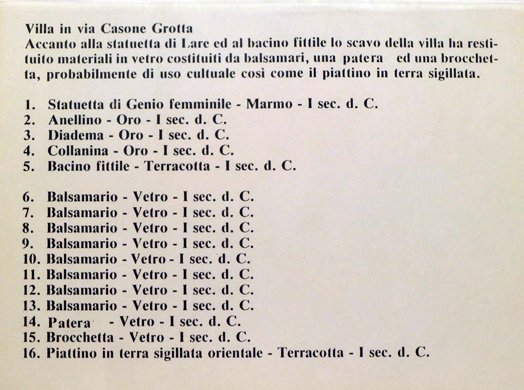 Boscoreale, Villa rustica in via Casone Grotta, proprietà Risi di Prisco. Boscoreale Antiquarium card listing some of the other finds.
Photo courtesy of Michael Binns.