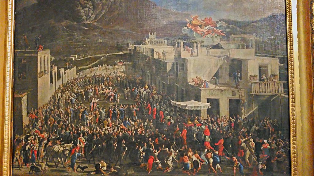 Vesuvius Eruption 1631. Procession with the Relics of San Gennaro and the Eruption of Vesuvius in 1631.
Oil on canvas painted c. 1656, painted by Domenico Gargiulo (known as Micco Spadaro) born Naples 1609/10, died Naples 1675.
On display in exhibition “Pompei e Santorini” in Rome, 2019. Photo courtesy of Giuseppe Ciaramella.