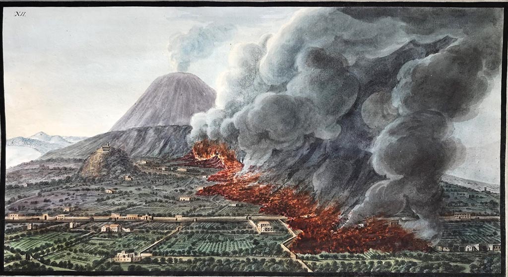 Vesuvius Eruption 1760 1761. View of an eruption of Mount Vesuvius which began on 23rd December 1760 and ended 5th January 1761.
Mount Vesuvius: a volcanic eruption at the foot of the mountain, 1760-1761, causing the destruction of the land and property.
Coloured etching by Pietro Fabris, 1776, after his drawing, 1760-1761.
See Hamilton Sir W., 1776. Campi Phlegraei. Naples: vol. 1, plate XII.