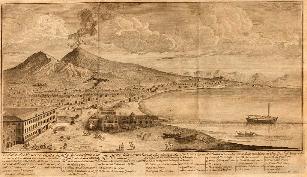 Vesuvius eruption October 1767. View from the west showing a part of the great lava that came from the last fire of the eruption.
“Veduta del Vesuvio dalla banda di Occidente e di una parte della gran Lava che sbocco da esso Vesuvio nell’ultimo incendio succeduto nel Mese di Ottobre dell’Anno 1767”.
See De Bottis, G. 1768. Ragionamento istorico dell'incendio del Vesuvio: accaduto nel mese di ottobre del MDCCLXVII, Tav. I.