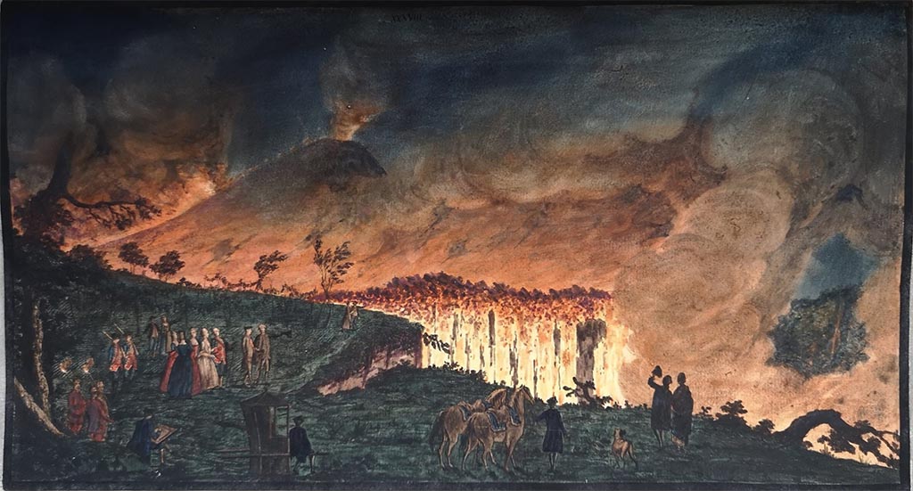 Vesuvius Eruption 1771. A night view of a current of lava that ran from Mount Vesuvius towards Resina, 11th May 1771.
See Hamilton, Sir W. 1779. Campi phlegræi. Observations on the volcanoes of the Two Sicilies as they have been communicated to the Royal Society by Sir William Hamilton. Pl. XXXVIII.