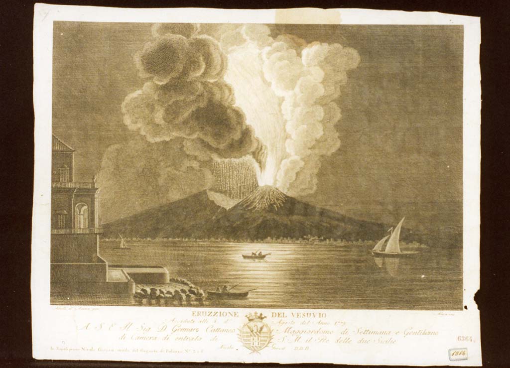 Vesuvius Eruption August 1779. Painting by Vincenzo Aloja. “Eruzzione del Vesuvio accaduto alli d’ 8 Agosto del Anno 1779”.
Now in Certosa e Museo Nazionale di San Martino. Inventory number 319686.
Photo © ICCD. http://www.catalogo.beniculturali.it
Utilizzabili alle condizioni della licenza Attribuzione - Non commerciale - Condividi allo stesso modo 2.5 Italia (CC BY-NC-SA 2.5 IT)