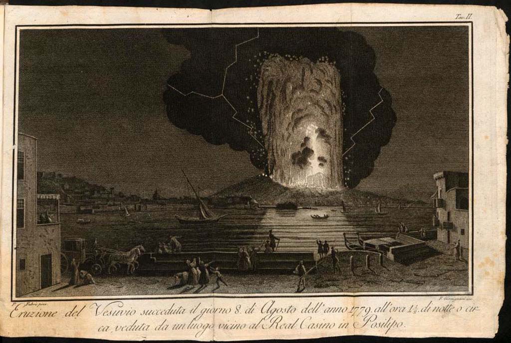 Vesuvius Eruption August 8th, 1779 from Posilipo. Drawn by P Fabris and engraved by F. Giomignani.
See de Bottis, Gaetano, 1779. Ragionamento istorico intorno all'eruzione del Vesuvio che cominciò il dì 29 luglio dell'anno 1779 e continuò fino al giorno 15 del seguente mese di agosto. Napoli: Stamperia Reale, Tav II. 
See book on E-RARA
