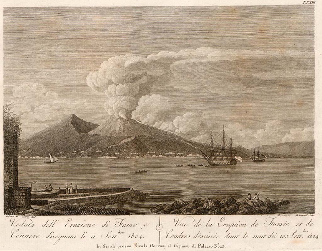 Vesuvius eruption 11 September 1804. “View of the eruption of smoke and ash drawn on 11th September 1804”.
Drawn by Alessandro D’Anni and engraved by Gennaro Bartoli.
See Della Torre, Nicola Filomarino, 1805. Raccolta di tutte le vedute che esistevano nel gabinetto del Duca Della Torre rappresentanti l'eruzioni del Monte Vesuvio fin oggi accadute. Napoli: Nicola Gervasi, Tav. XXIII.
See book on E-RARA
