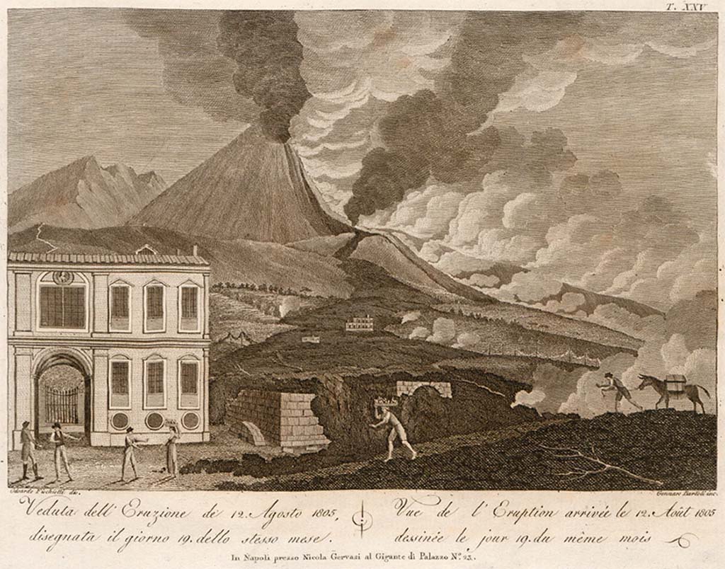Vesuvius eruption 12 August 1805. View of the eruption of the 12th August 1805 drawn by Odoardo Fischietti on 19 August 1805 and engraved by Gennaro Bartoli.
See Della Torre, Nicola Filomarino, 1805. Raccolta di tutte le vedute che esistevano nel gabinetto del Duca Della Torre rappresentanti l'eruzioni del Monte Vesuvio fin oggi accadute. Napoli: Nicola Gervasi, Tav. XXV.
See book on E-RARA