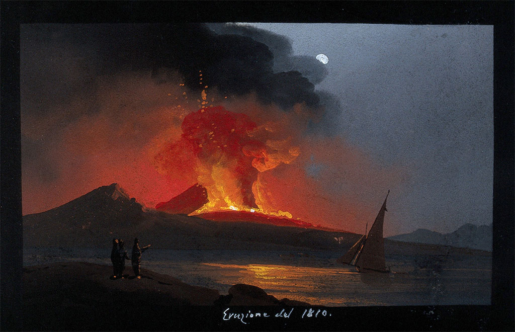Vesuvius Eruption 1810. Mount Vesuvius in eruption at night, with smoke, fire, and lava, over the Bay of Naples.
Gouache, 1810. Wellcome Collection. See Wellcome Collection 42990i