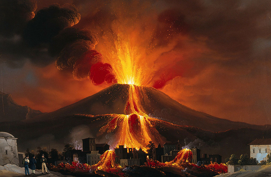 Vesuvius Eruption 1834. Eruption of Mount Vesuvius; lava covering dwellings.
Gouache painting “Eruz. de 30 Agosto 1834 da Bosco Reale” by Mauton, 1834.
Wellcome Collection. See Wellcome Collection 575687i.