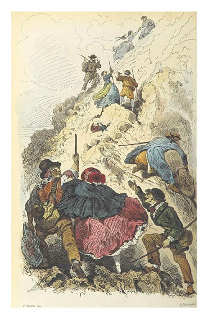 Vesuvius 1858. Salita al Vesuvio (Climbing Vesuvius) by P Mattei.
Initially Vesuvius had to be climbed on foot, on horseback or by being carried by sedan-chair.