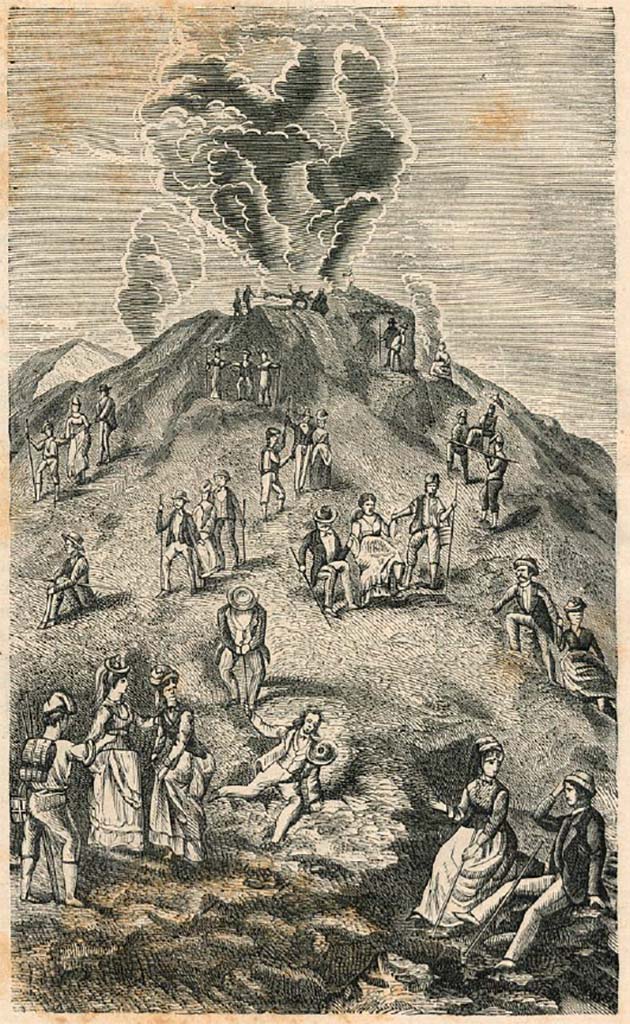 Vesuvius 1880. Descending on foot. 1880 drawing by Luigi Palmieri.
See Palmieri L., 1880. Il Vesuvio e la sua storia. Milano: Tipografia Faverio, page vii.